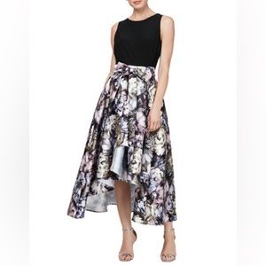 Sleeveless Solid Top Printed Skirt Belted Party Dress